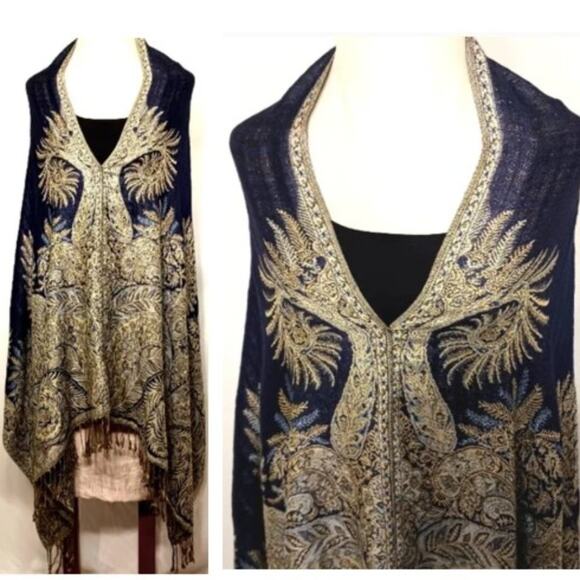 PONCHO Pashmina Exotic Pattern Royal Blue & Gold Poncho Wrap ShawlSz Large